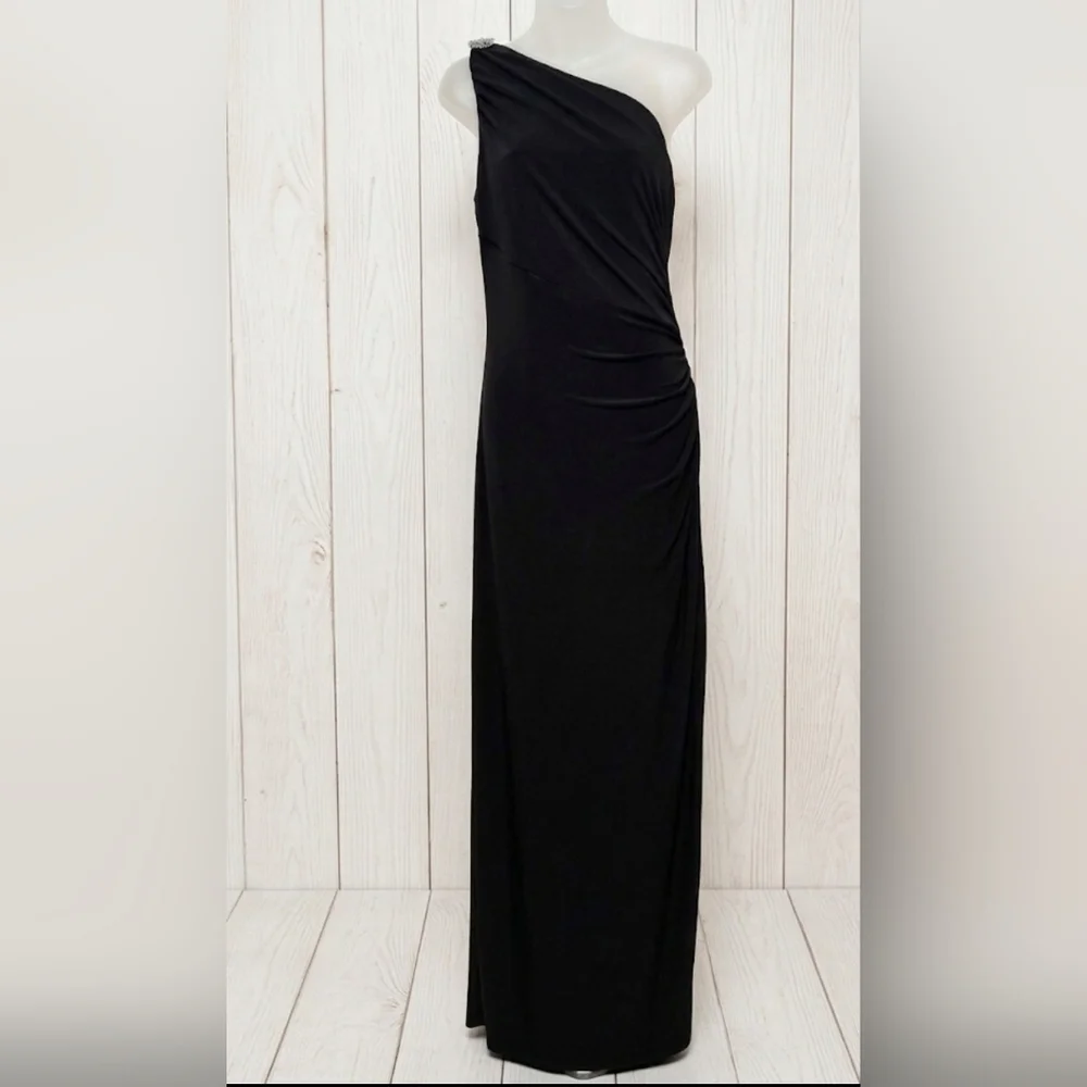 NWT Lauren Ralph Lauren Black One-Shoulder Ruched Gown 4 Tall Friendly Gala - Picture 2 of 16